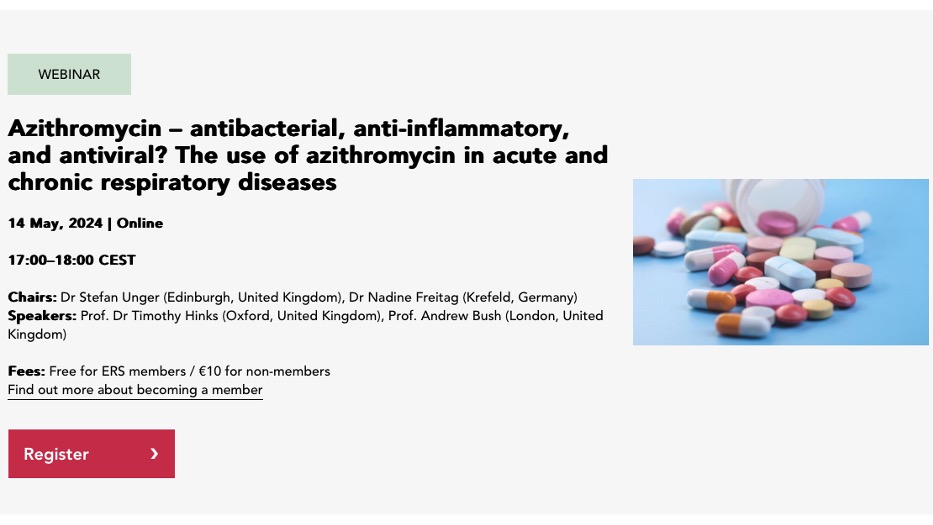 HinksLab's tweet image. Want to find out more about azithromycin in acute and chronic respiratory disease? Join our ERS webinar on 14th May ersnet.org/events/azithro…