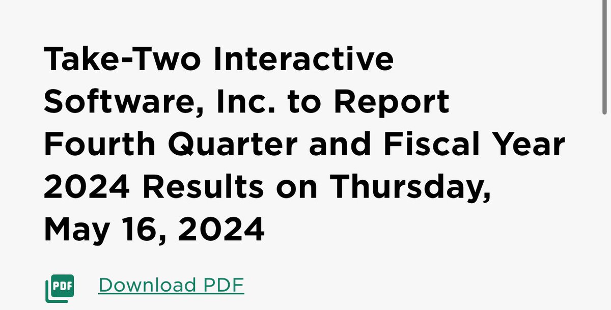 Take Two is set to report their 4th quarter on May 16, 2024.

Hopefully Rockstar can give us GTA 6 info before that date. #GTAVI