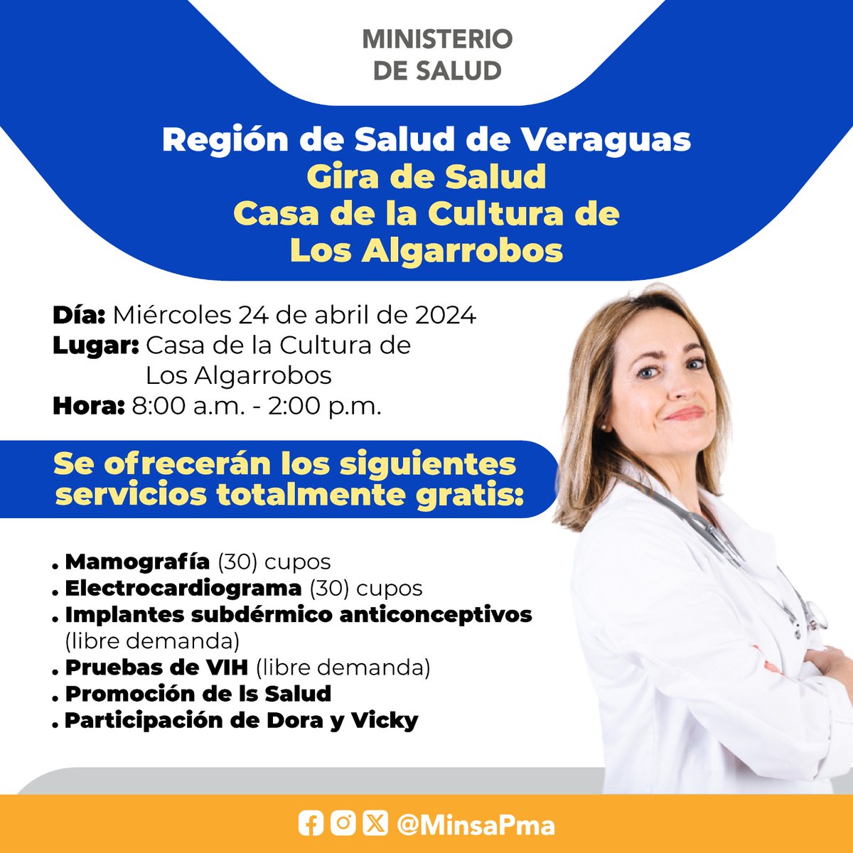 Participa de la Jornada de Salud, el 24 de abril, en Los Algarrobos, desde las 8:00 a.m., en donde ofreceremos diferentes servicios de salud totalmente gratis.