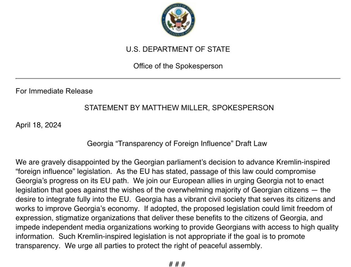 BREAKING: The U.S. has expressed 'grave disappointment' over the Georgian parliament's move to advance the draft law on 'Transparency of Foreign Influence,' labeling the legislation as Kremlin-inspired.