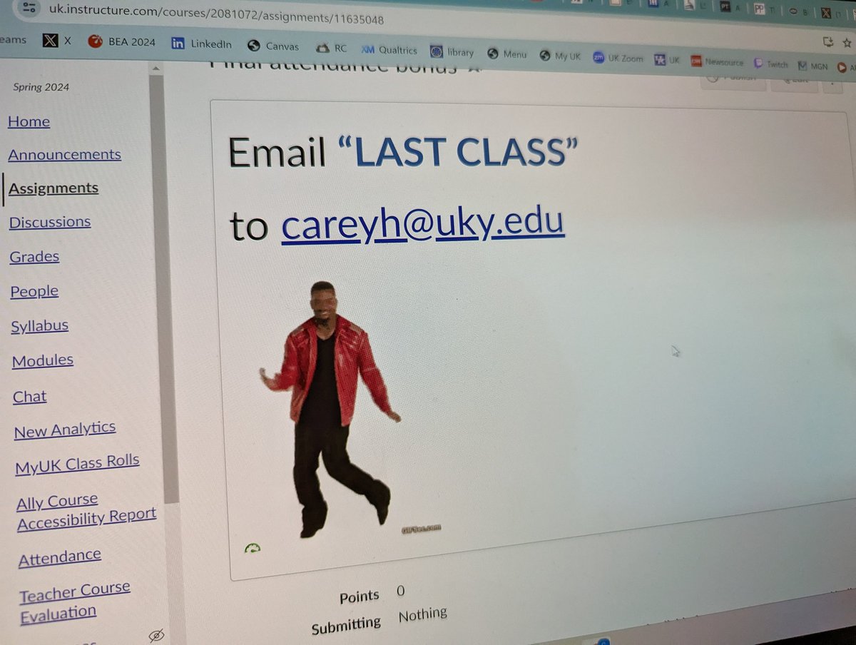 And thus ends another semester of #MAS201 with an attendance bonus. I'm off from the class in Fall. I'll have to pass along my dancing Carlton and Snoopy gifs to the person who takes over! Now I wait for 70+ final papers... #AcademicLife