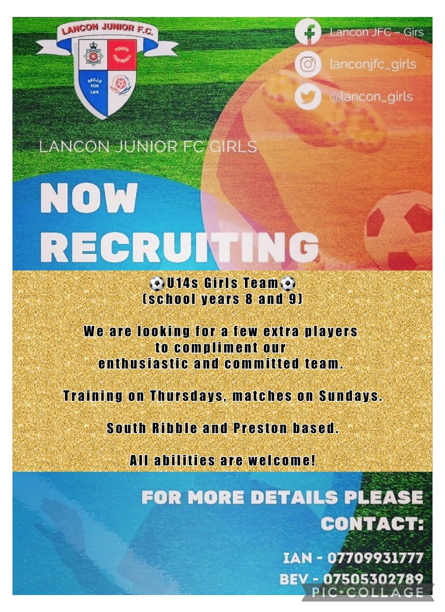 Players wanted! U14s (yrs 8 & 9) girls football team!! All welcome. Appreciate & thanks if schools could share! @JfcLancon @AllHallowsCHS @PriorySTC @lostockacademy @ashtoncsc @WLDHighSchool @tarletonacademy @BrownedgeStMary @Balshawscehigh @FulwoodAcademy #lanconforlife