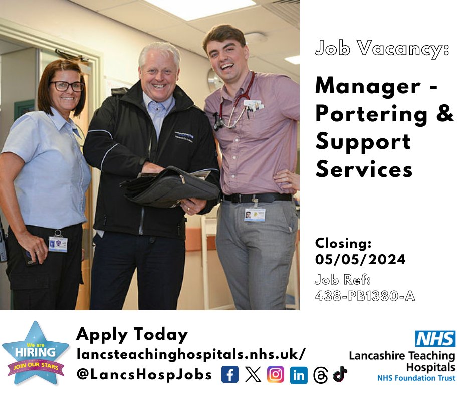 Job Vacancy: #Manager - #Portering & Support Services Ready for a new challenge? ⏰Closes: 05/05/2024 Discover more and apply: lancsteachinghospitals.nhs.uk/join-our-workf… #NHS #NHSjobs #lancashire #LancashireJobs #Preston #Chorley #Porter #Estates #band7