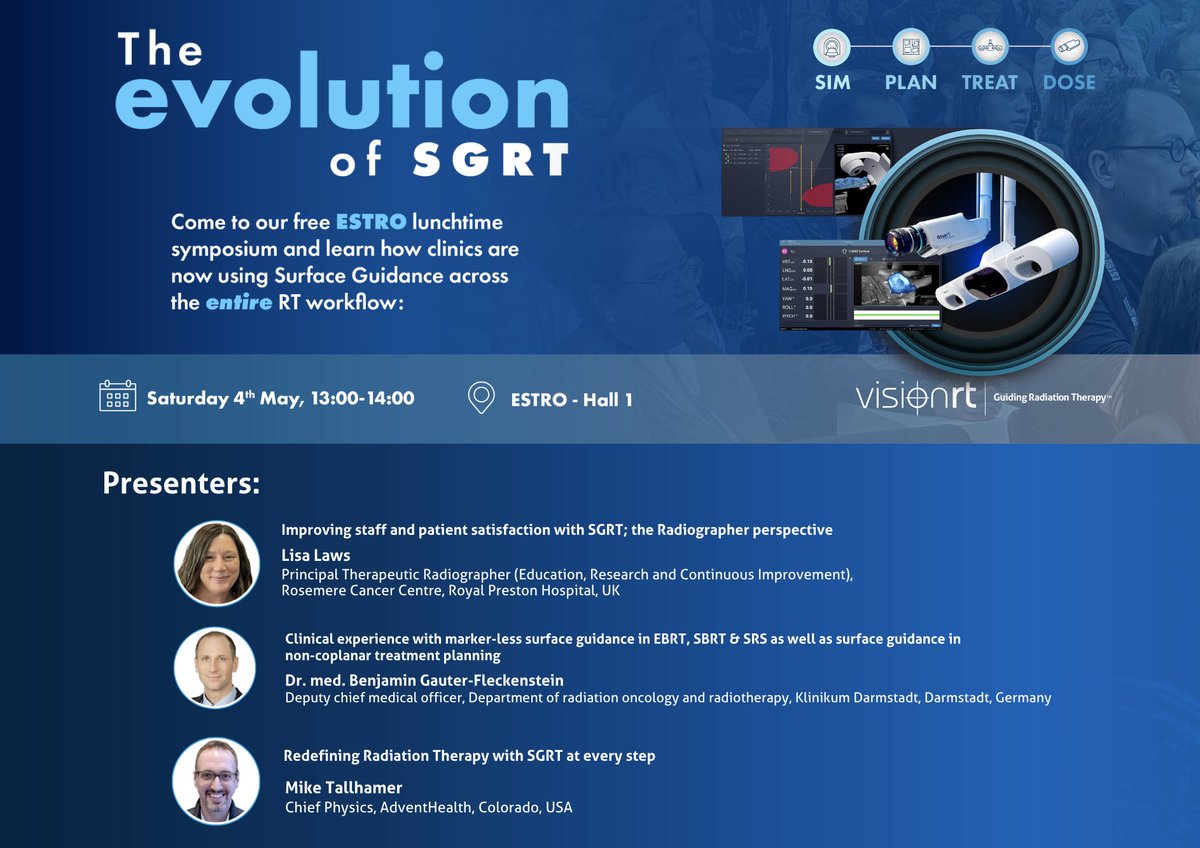 VisionRTLtd's tweet photo. Don't miss our free lunchtime symposium at #ESTRO24 - The Evolution of SGRT

Discover firsthand the difference our SGRT solutions are making throughout the entire RT workflow: https://t.co/XLTZE0bCFL

&amp; visit us at booth 750 to see demos and discuss the latest in #SGRT. https://t.co/NvYjRSYeTk