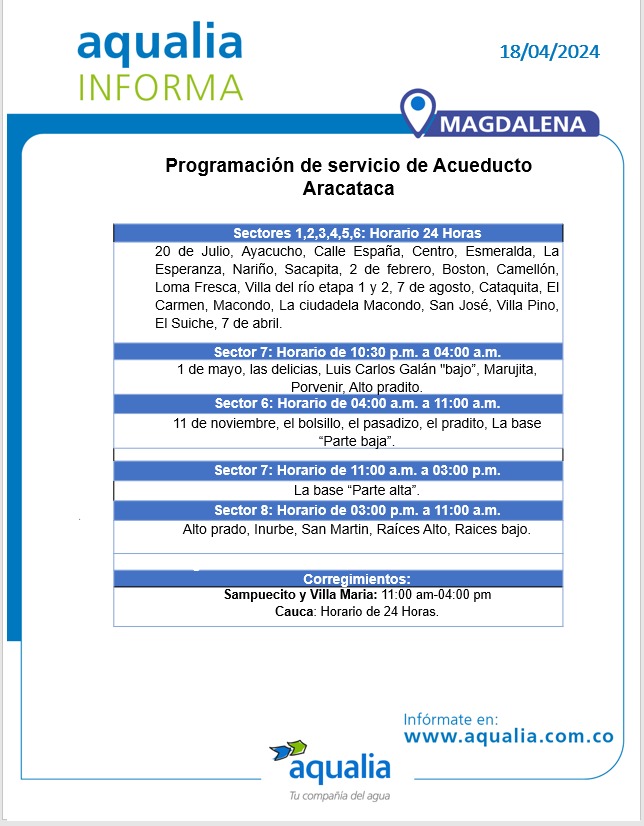 #AqualiaCol_Informa 🇨🇴 | 18 de abril #Magdalena 📣 Infórmate aquí con nuestro último aviso para #Aracataca. 

#AqualiaColombia