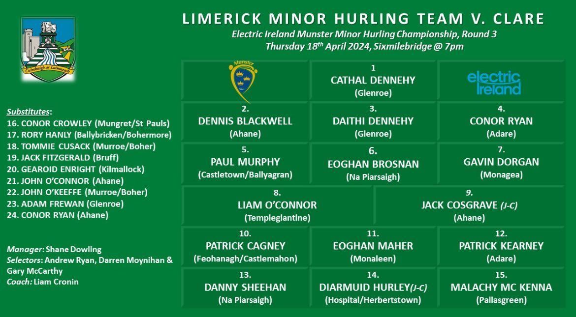 The very best of luck to Diarmaid, Rory and all involved with the Limerick Minor Hurling team in Game 2 of the Munster Hurling Championship this evening🤞🏻🤞🏻 #luimneachabú @LimerickCLG @BallybGAA @HHGAA