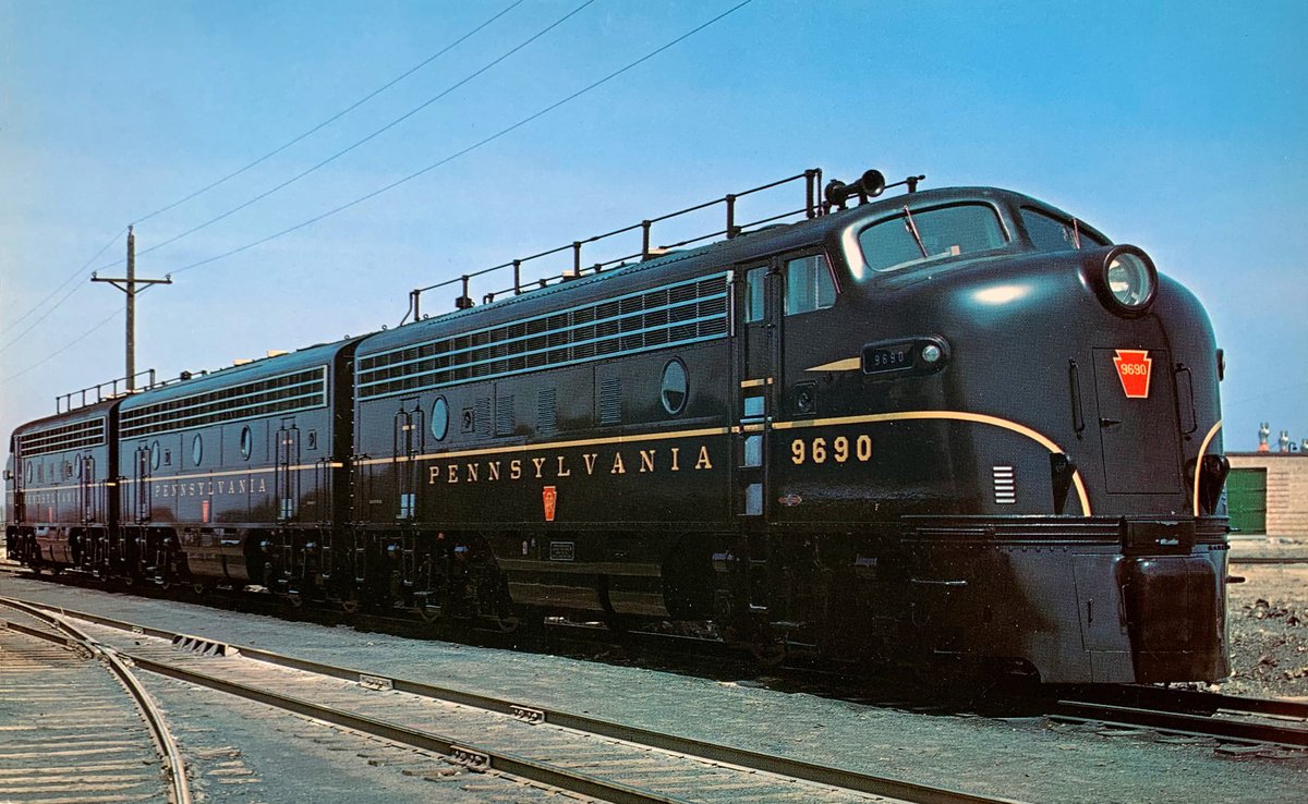 An Electro-Motive photo featuring recently completed Pennsylvania F7's during April of 1949. The structure running the roof line on the A units is Pennsy's trademark, 'Trainphone' system, an early type of radio. american-rails.com/e1074.html