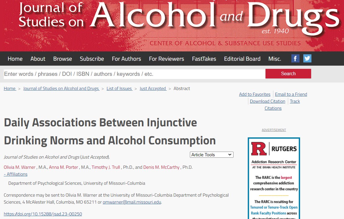 Daily Associations Between Injunctive Drinking Norms and Alcohol Consumption (just accepted in @JSADjournal) @trulllab @MizzouPsych jsad.com/doi/abs/10.152…