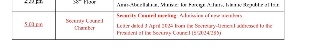 It’s official and it’s been put on schedule: UNSC vote on Palestine 🇵🇸 bid for full UN 🇺🇳 membership. Today 5 pm / 21 gmt Reminder: Needs 9 of 15 votes on UNSC to pass. If it gets 9 - the U.S. could use its veto power to block it. (The U.S. is against Palestine’s bid for…