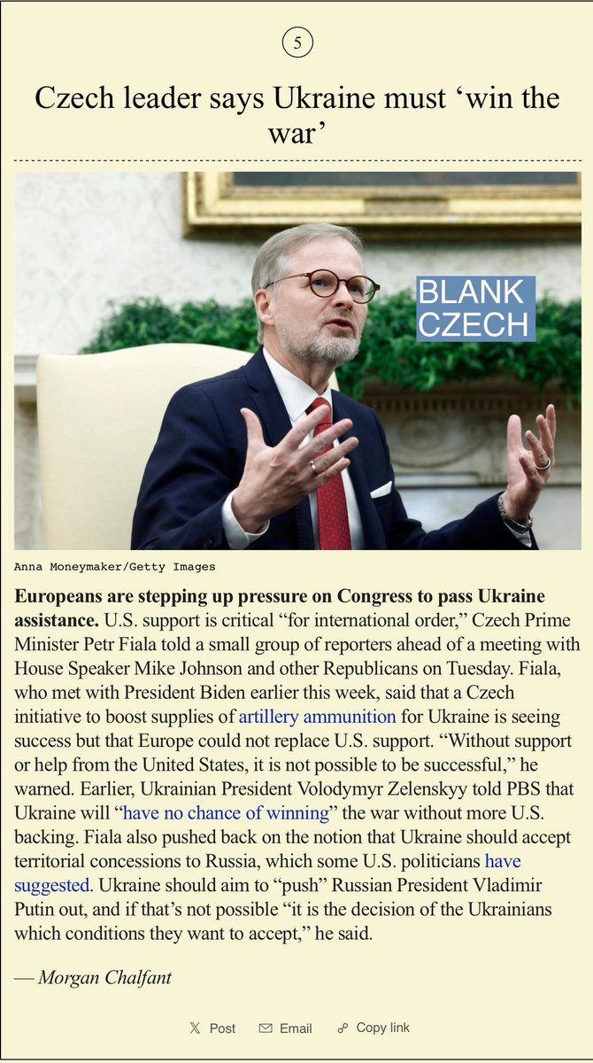 BLANK CZECH @semafor newsletter featuring the Czech Prime Minister @P_Fiala this morning. Thank you @mchalfant16 for the conversation on #Ukraine ahead of the important vote 🇨🇿🇺🇸 semafor.com/newsletter/04/…