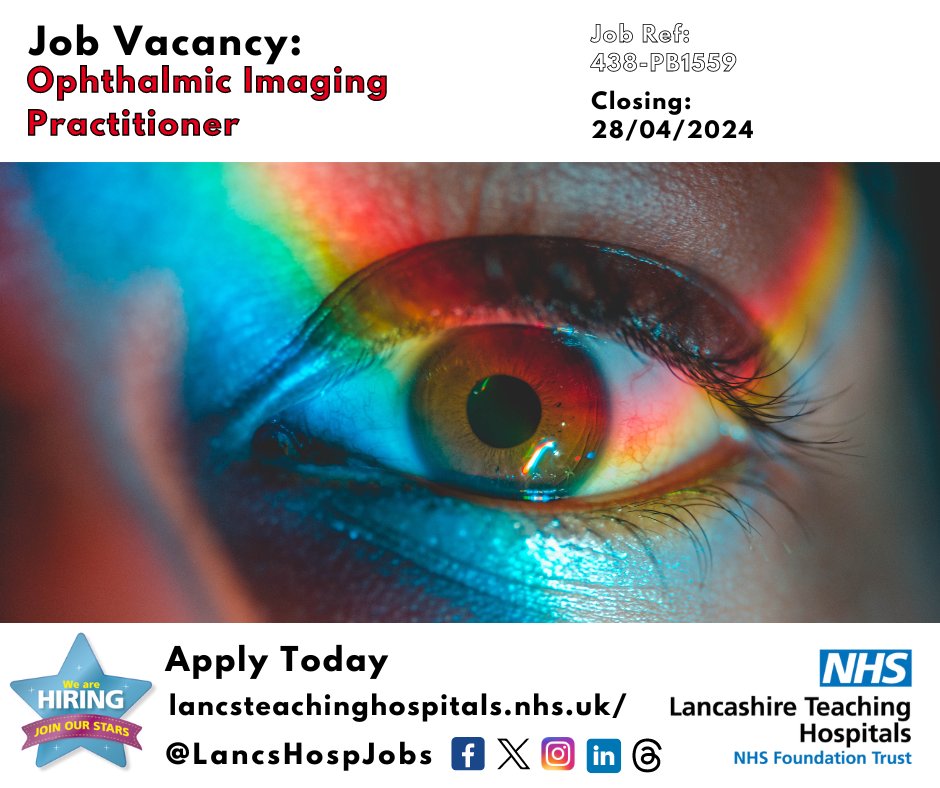 Job Vacancy: #Ophthalmic Imaging Practitioner @LancsHospitals ⏰Closes: 28/04/2024 Read more and apply: lancsteachinghospitals.nhs.uk/join-our-workf… #NHS #NHSjobs #Lancashire @EyeLthtr #Chorley #Ophthalmolog