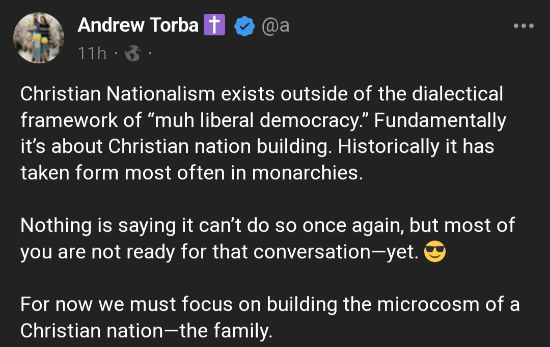 Reformed_Berean's tweet photo. In a single post #AndrewTorba plays both the motte and the bailey, starting with the bailey: a call for a monarchy. Then he plays the motte saying, that we're only focusing on building families.
#NeoIntegralism #MotteAndBailey #TorbaWatch https://t.co/fRw9pr2cum