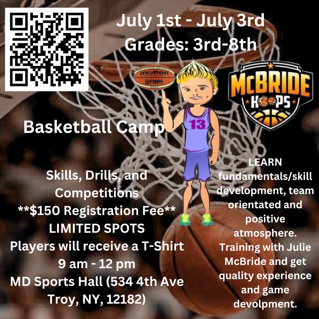 albany_capitals's tweet photo. Coach Julie McBride will be hosting a basketball camp this summer! Scan the QR code or hit the link to register! Hope you see you there! https://t.co/KX2JYRxy9W https://t.co/LUk1yMhEfF