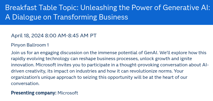 #SASInnovate. Coming up at 8am PT. Breakfast Table Topic: Unleashing the Power of Generative AI: A Dialogue on Transforming Business.