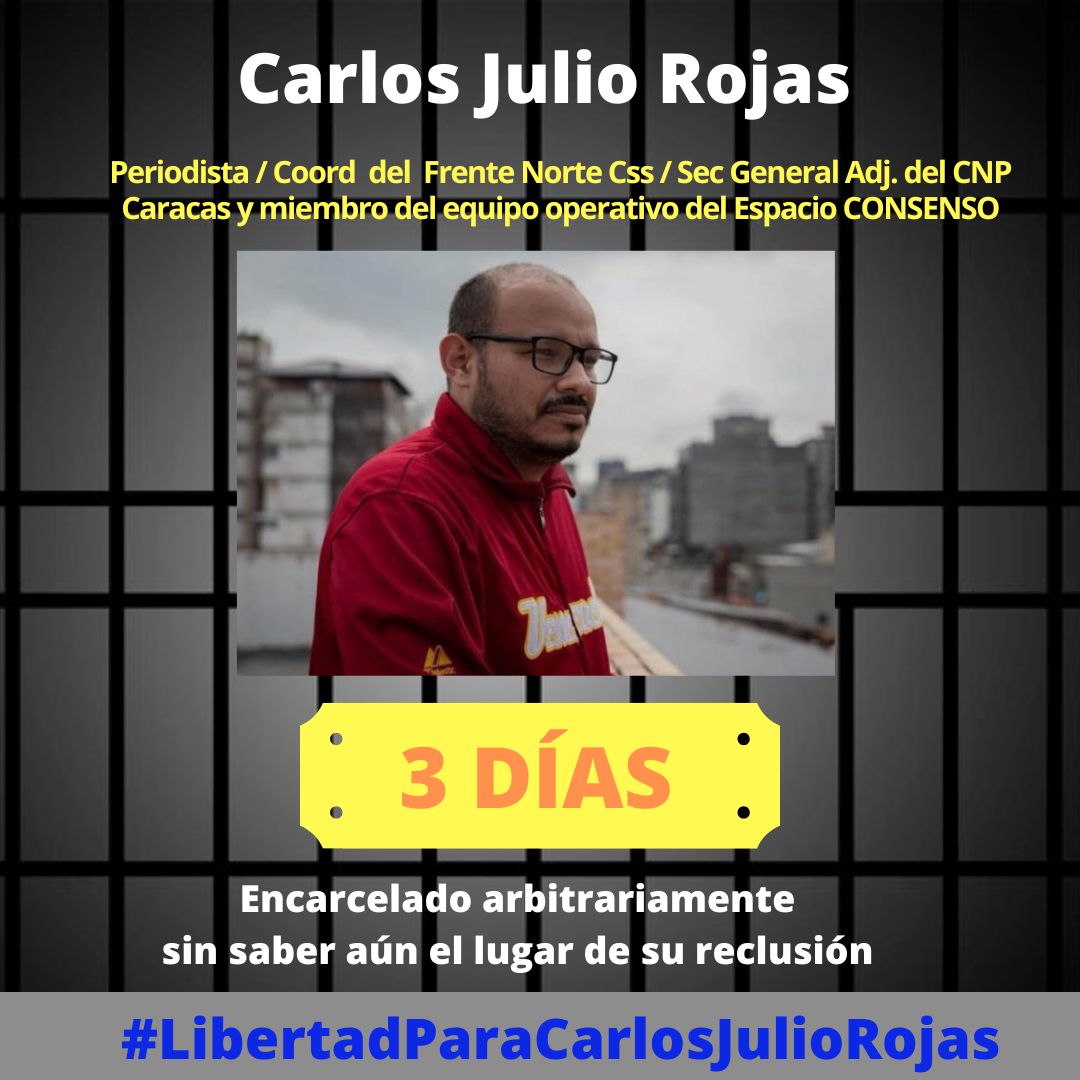@CarlosJRojas13 es un luchador social y gremial incansable, que ha Sido secuestrado por la autocracia para alimentar el terrorismo de Estado madurista. Exigimos su libertad y la de todos los presos políticos #LibertadParaCarlosJulioRojas