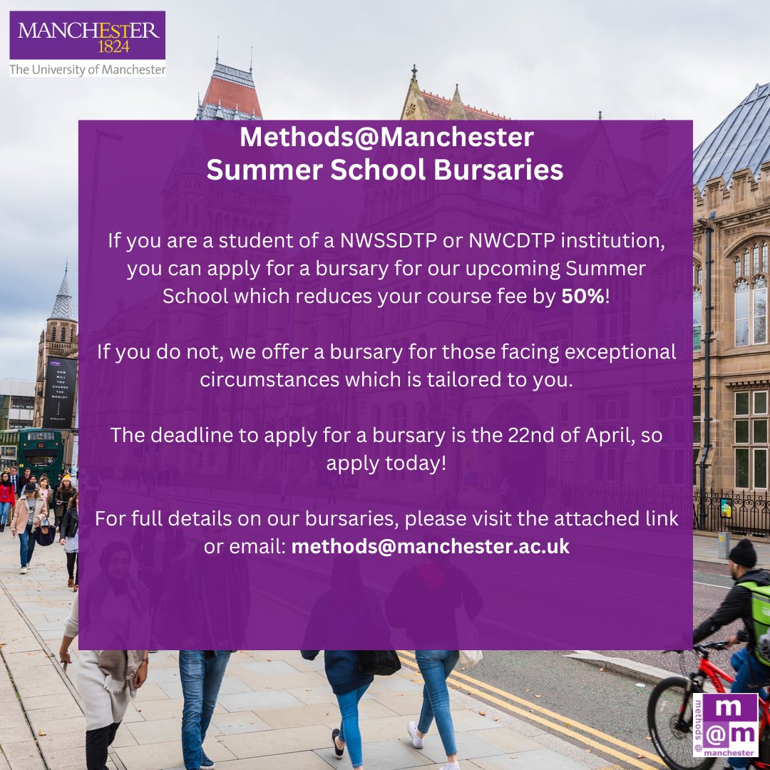 Do you want to attend the upcoming @methodsMcr Summer School? The next few days are your *last chance* to apply for a bursary to reduce the cost for your course! Find out more about our bursaries here, and make sure you apply before Monday! methods.manchester.ac.uk/connect/events…