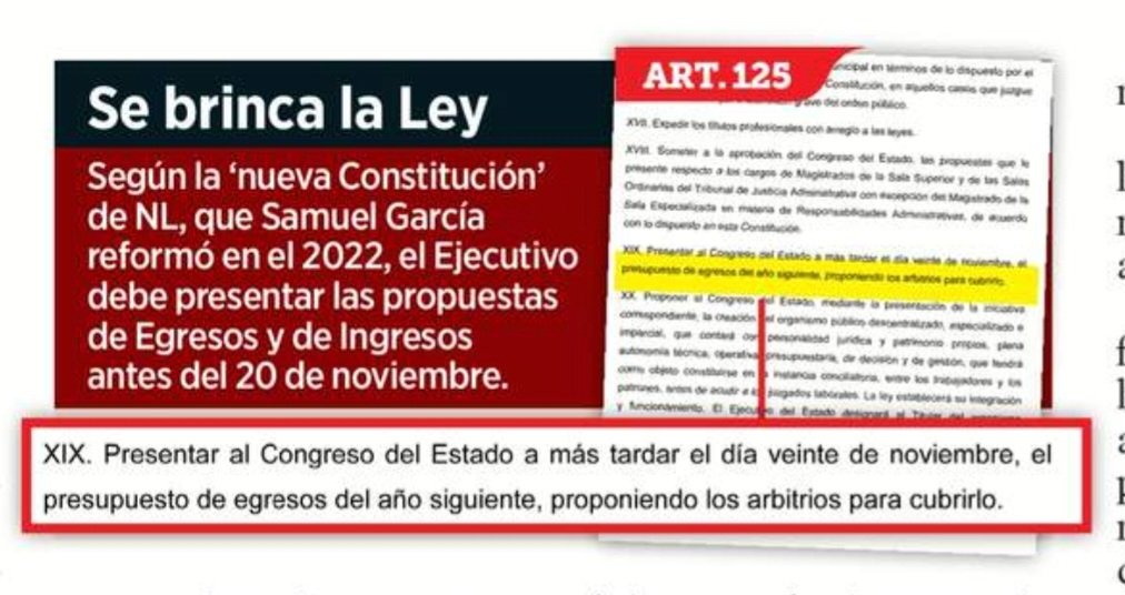 El Gobernador @samuel_garcias envió un proyecto de Ley de Ingresos y exige que el @CongresoNL la apruebe antes de presentar el Presupuesto de Egresos elnorte.com/Ovq3wn, pero... ¿qué dice su 'nueva' Constitución? 👉🏾 elnorte.com/rjizHn