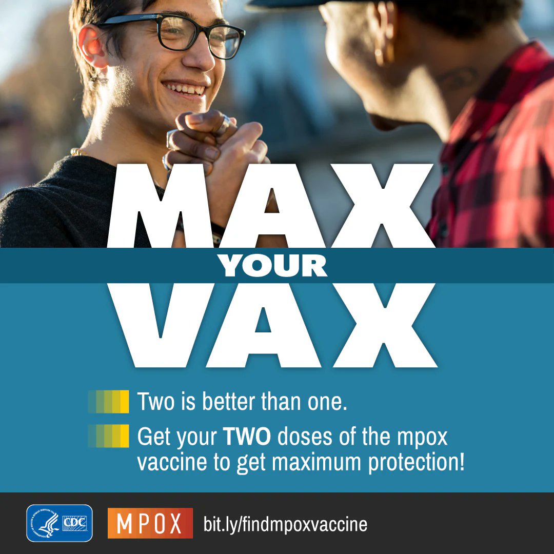 HealthCouncilSF's tweet image. Get Protected! Two doses of the mpox vaccine are the strongest protection. Maximize your protection against mpox and get your second dose of the vaccine. Even if you got your first dose a long time ago, you can still get the second dose. Learn more: bit.ly/mpoxvaccine