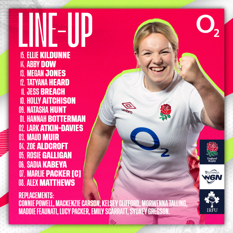 RedRosesRugby's tweet photo. Here’s your Red Roses squad to face Ireland at @Twickenhamstad on Saturday in the #GuinnessW6N 🌹

Join us for an unforgettable day at the home of @EnglandRugby 🏟️  Get your tickets via https://t.co/QWfd3wiUiu 🎟️

@O2 | #WearTheRose