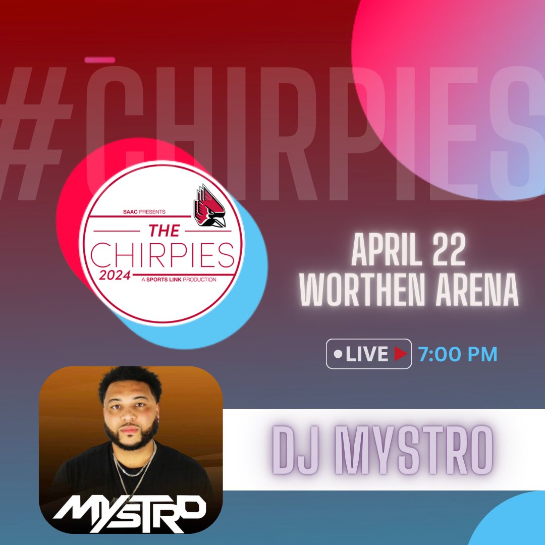 Party starter @djmystro__ will have the #Chirpies lit Monday from 5-7 and then after the show. MONDAY in Worthen Arena. Red carpet opens at 5p. The show starts at 7p. The post party approx 8:15p. Brought to you by @BallStateSAAC & produced by Sports Link.