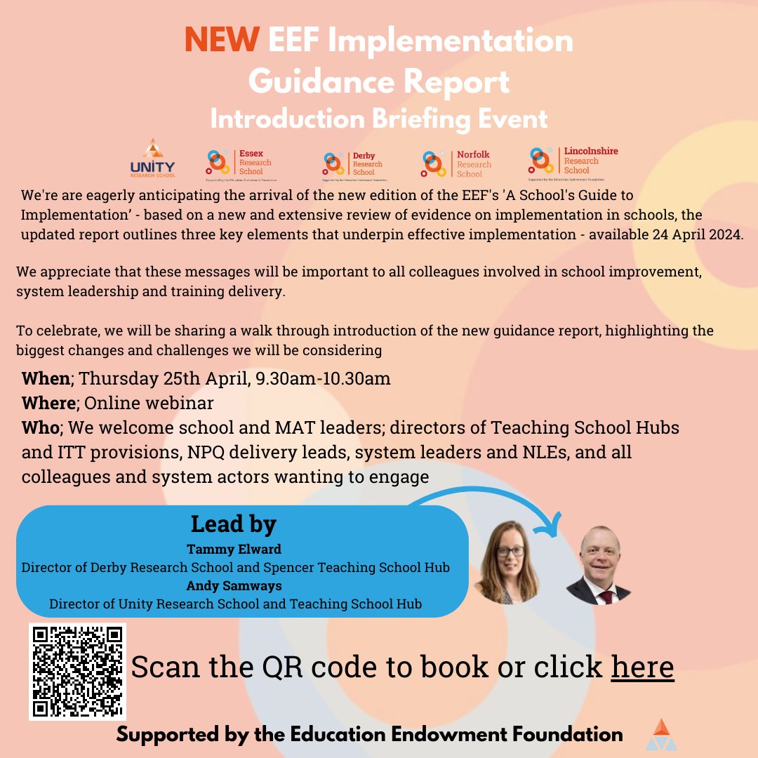NEW EEF Implementation Guidance Report ⭐️Introduction Briefing Event ⭐️ ➡️25th April ➡️ 9.30am-10.30am ➡️ Online Book your space by scanning the QR code, or follow this link- tinyurl.com/f6r5nhyv. @UnityResSch @EssexResearchS @Norfolk_RS @KyraResearch #ResearchSchoolNetwork