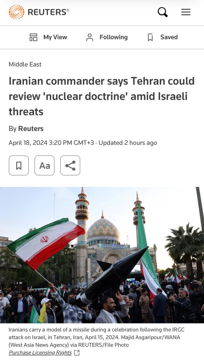 Iran reconsiders its 'nuclear doctrine' following Israeli threats, senior IRGC commander says, raising concerns about Iran’s nuclear program, which was always claimed to be strictly for ‘peaceful purposes’. I wonder how many more agendas could be dragged into this retaliation..