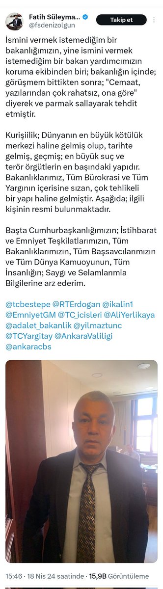 'Süleymancılar, Eski AK Parti Milletvekili Denizolgun'u Tehdit Etti!' İddiaya göre, Süleymancılar, bürokraside yerleştirdikleri kişiler aracılığıyla eski AK Parti İstanbul Milletvekili Fatih Süleyman Denizolgun'u Bakanlık binasında Süleymancılar hakkında yazdığı eleştirilerden…