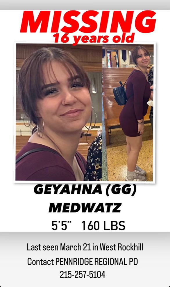 ‼️‼️‼️STILL MISSING‼️‼️ pls share and help us find Geyahna (Gigi) Medwatz. Seen in SW Philly 3/29. Pls call Pennridge Police 215-257-5104w/ info. #MissingJuvenile #6abc #4wksMissing #NeedHerHome #FindGeyahna