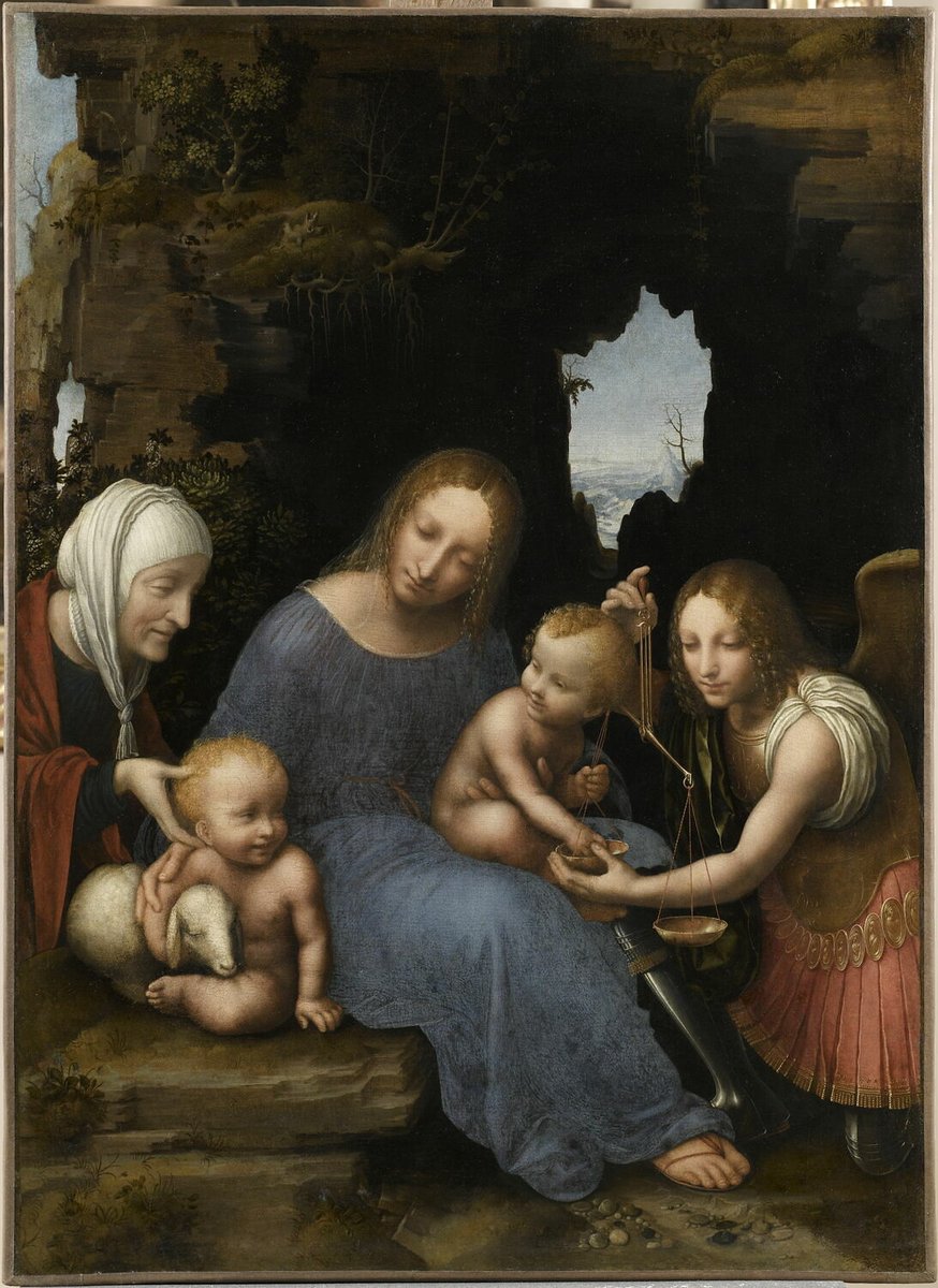 La Vierge et l'Enfant Jésus avec sainte Élisabeth, le petit saint Jean Baptiste et saint Michel, dit La Vierge aux balances vers 1510 Maître de la Vierge aux Balances (Musée du Louvre)