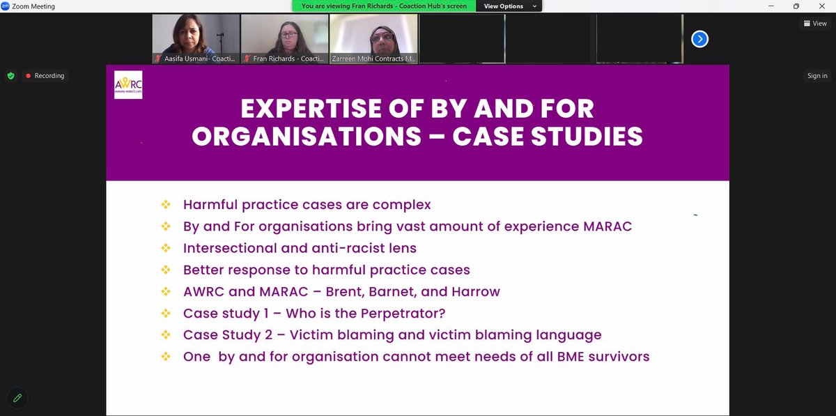 Zarreen from AWRC giving a presentation on the theme ‘MARAC from a 'By and For' Perspective’ at Coaction's webinar. AWRC shared case studies and how their expertise around harmful practice & institutional advocacy has been integral in improving responses for victims/survivors.