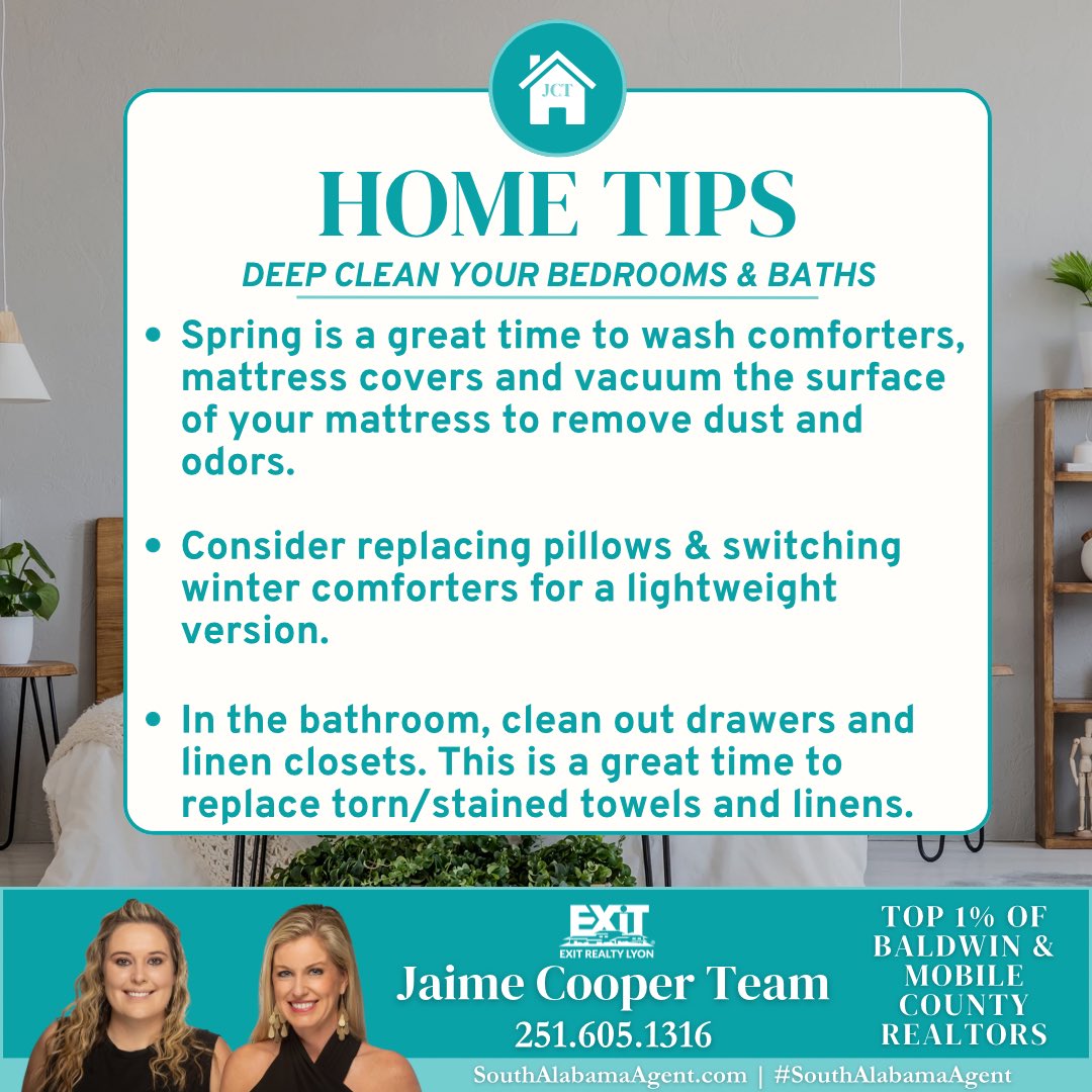 Weekly Home Tip: 🛏

Jaime Cooper Team📲251.605.1316 #Realtor #SouthAlabamaAgent #EXITRealtyLyon #HomeTipsbyJaime #BaldwinCounty #RealEstate #BaldwinRealtors #EasternShoreSpecialist #TopAgent #JaimeCooperTeam #spring #bedroom #bathroom #springcleaning