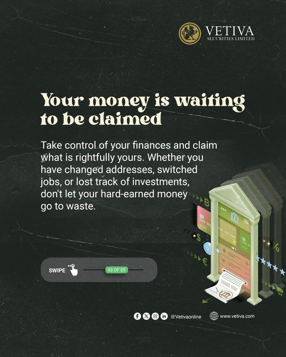 vetivaonline's tweet photo. It is 'Reclaim Your Lost Dividend and Bonuses O'Clock'!
Don't wait another minute. Send an email to retailsales@vetiva.com to track and claim your lost dividends.
#ClaimWhatIsYours #Vetiva #Assettracker #Reconciliationservices #dividends https://t.co/ZjGE7gCfbu