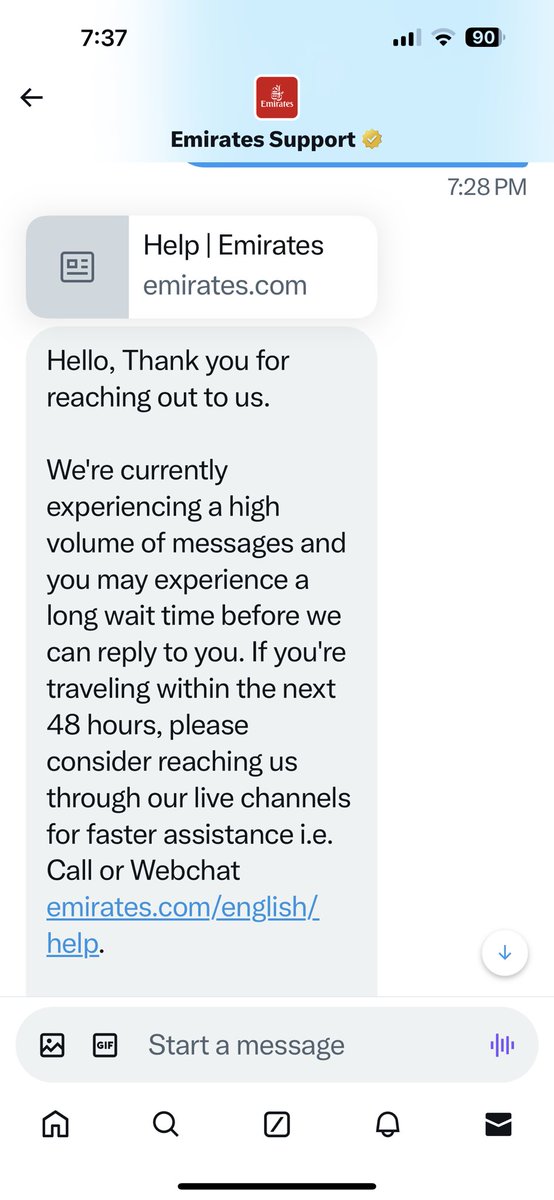 jerihaneline's tweet photo. @EmiratesSupport @emirates You say to send a DM. Then this the reply from the DM which sends us right back into the doom loop of phone numbers and chat that no one answers. https://t.co/RzB5IpfZry
