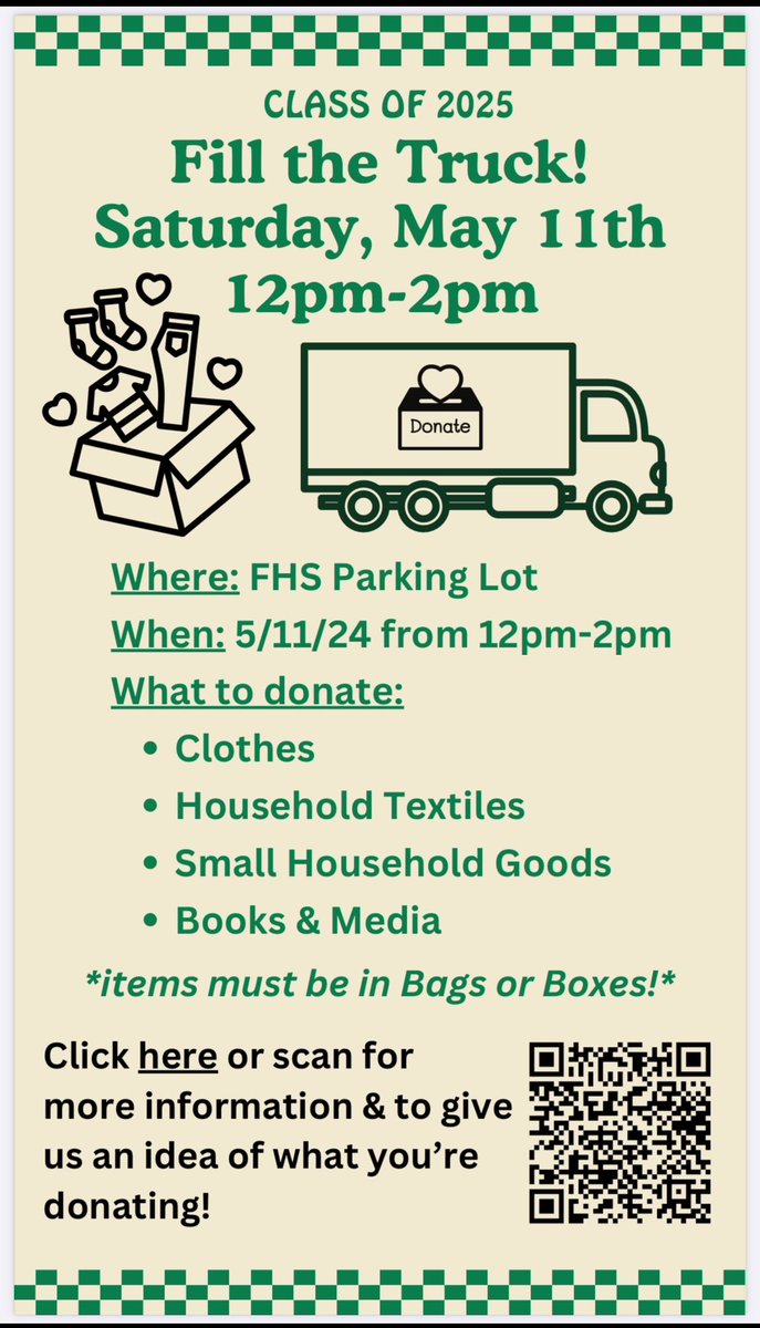 Spring cleaning anyone?! Bring your goods to our Fill The Truck Event on May 11th in support of the class of 2025!