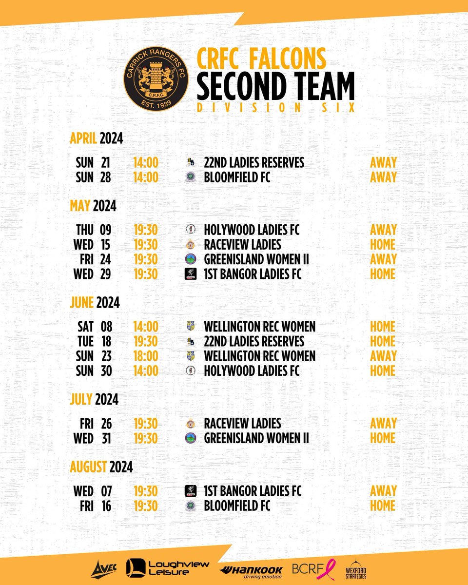 𝗙𝗮𝗹𝗰𝗼𝗻𝘀 𝗜𝗜 𝗙𝗶𝘅𝘁𝘂𝗿𝗲𝘀 📆

Our Second Team League schedule is confirmed for the 2024 Season. We start with a visit to  22nd Ladies on Sunday 21st April at 14:00.

To add the full Falcons schedule to your calendar: ql.e-c.al/3J0ueic 

#CRFC | #AmberArmy 🟠⚫️