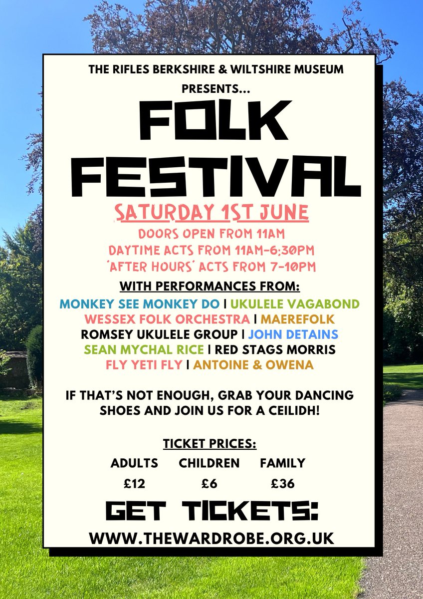 RiflesMuseum's tweet photo. Get your tickets now for our Folk Festival on Saturday 1st June 2024!  

We'll be joined by a host of fantastic local folk music and dance acts, including @flyyetifly @AntoineOwena @UkuleleVagabond @RedStagsMorris and more!

https://t.co/yNvSLPgCPC
#FolkMusic #Festival #Salisbury https://t.co/sLkL9XzZUu