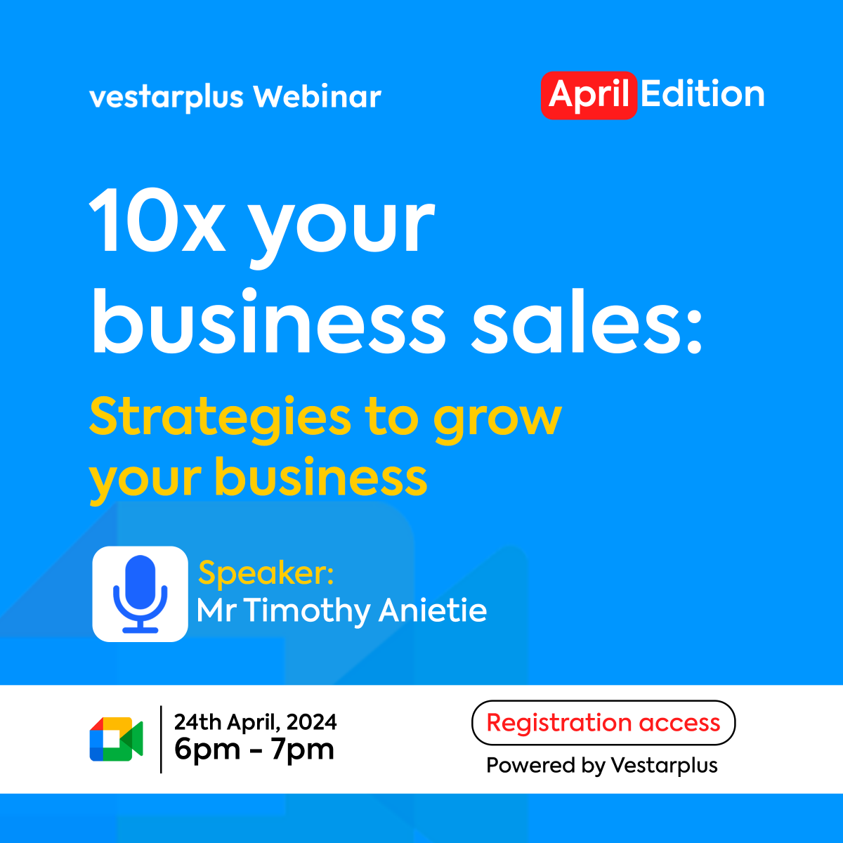 Join us for an informative webinar on 'Strategies on how to grow your business' on April 24, 2024, with our guest speaker, @timothy_anietie. Our bio contains a link. #rebranding #businessstrategy #businessowner #business #webinar #businessgrowth