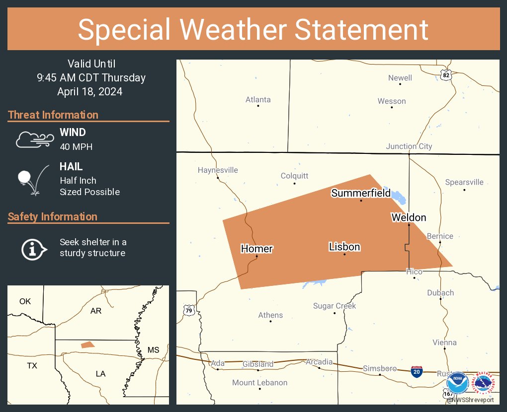 A special weather statement has been issued for Homer LA, Lisbon LA and Weldon LA until 9:45 AM CDT