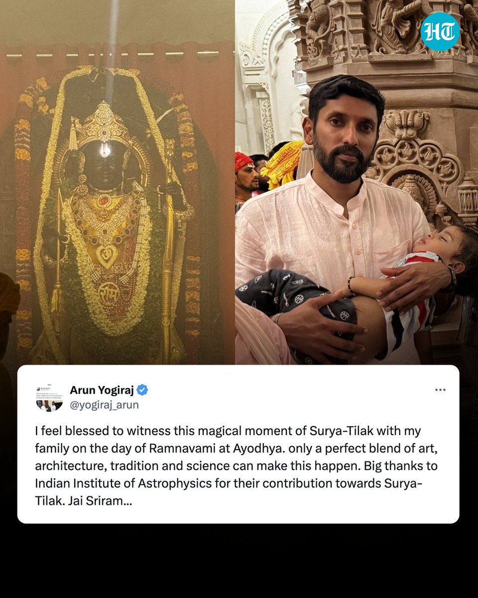 #ArunYogiraj, the sculptor who carved the #RamLalla idol, which now sits in the ‘garbha griha’ of #Ayodhya temple, took to X to share an incredible picture after witnessing '#SuryaTilak'

Read more here: hindustantimes.com/trending/ram-l…