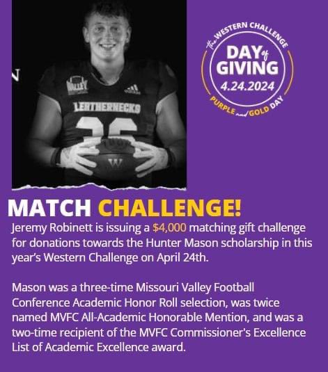 This Match Challenge for the Day of Giving and upcoming Western Challenge is a special one for sure! 💜. #WIU #GreatDayToBeALeatherneck #WesternChallenge
@WIUfootball