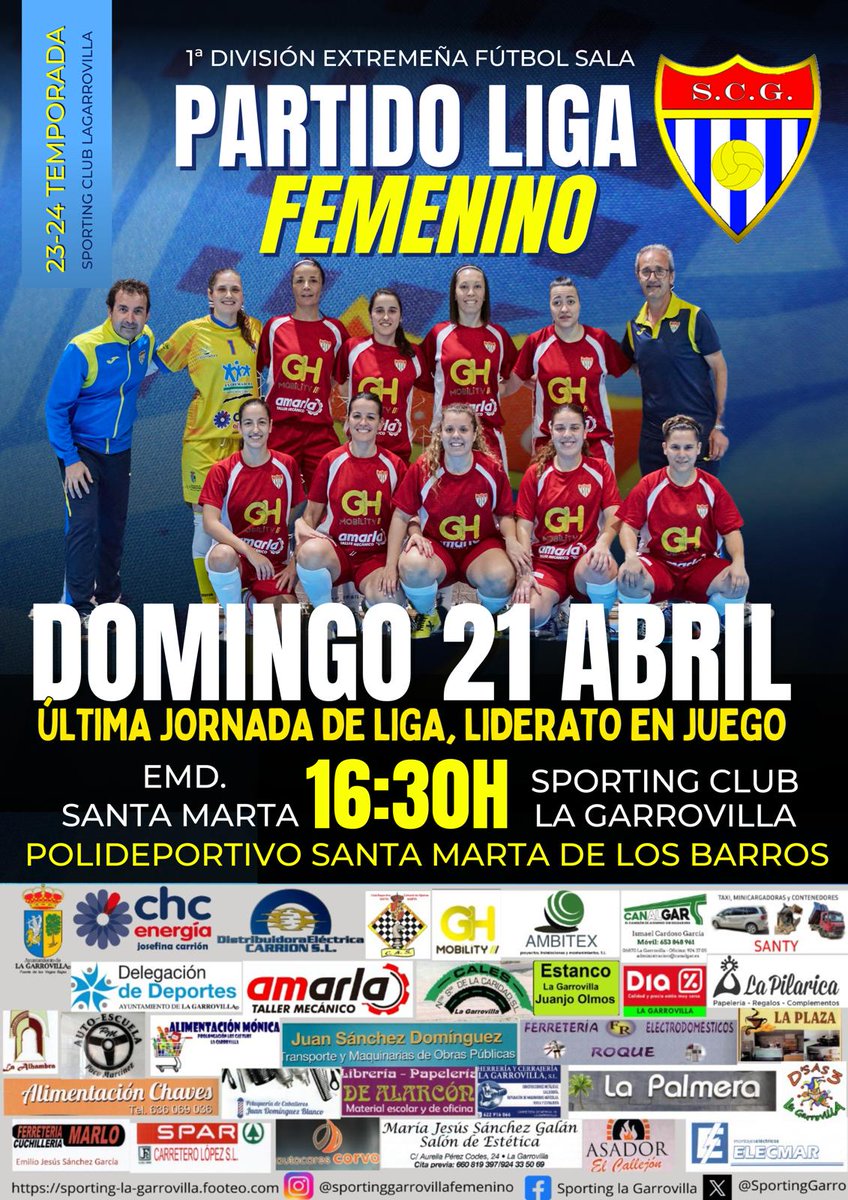 Ultimo partido de liga. Visitamos a líder en busca del primer puesto
Siguelo por nuestro canal de youtube 
youtube.com/channel/UCghCG… 
EMD Santa Marta - Sporting Garrovilla
📆 Domingo 21 abril
⏱ Hora: 16:30
🏟 Lugar: Polideportivo Municipal de Santa Marta 
#SomosSporting #Desde1972