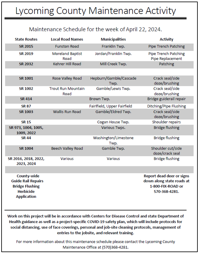 PennDOT Lycoming County maintenance schedule for the week of April 22, 2024. Visit penndot.pa.gov/RegionalOffice… more information. #PennDOT #watsmpo