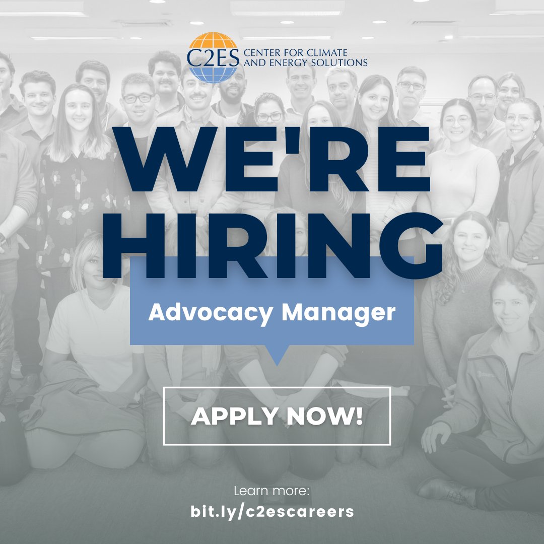 C2ES is hiring an Advocacy Manager! Know anyone?

🏭 This role will help advocate for local, state, & federal policies that advance innovative #CleanEnergy technology, spur job creation, & support domestic manufacturing.

Learn more: ⤵️
recruiting.paylocity.com/recruiting/job…

#greenjob #hiring