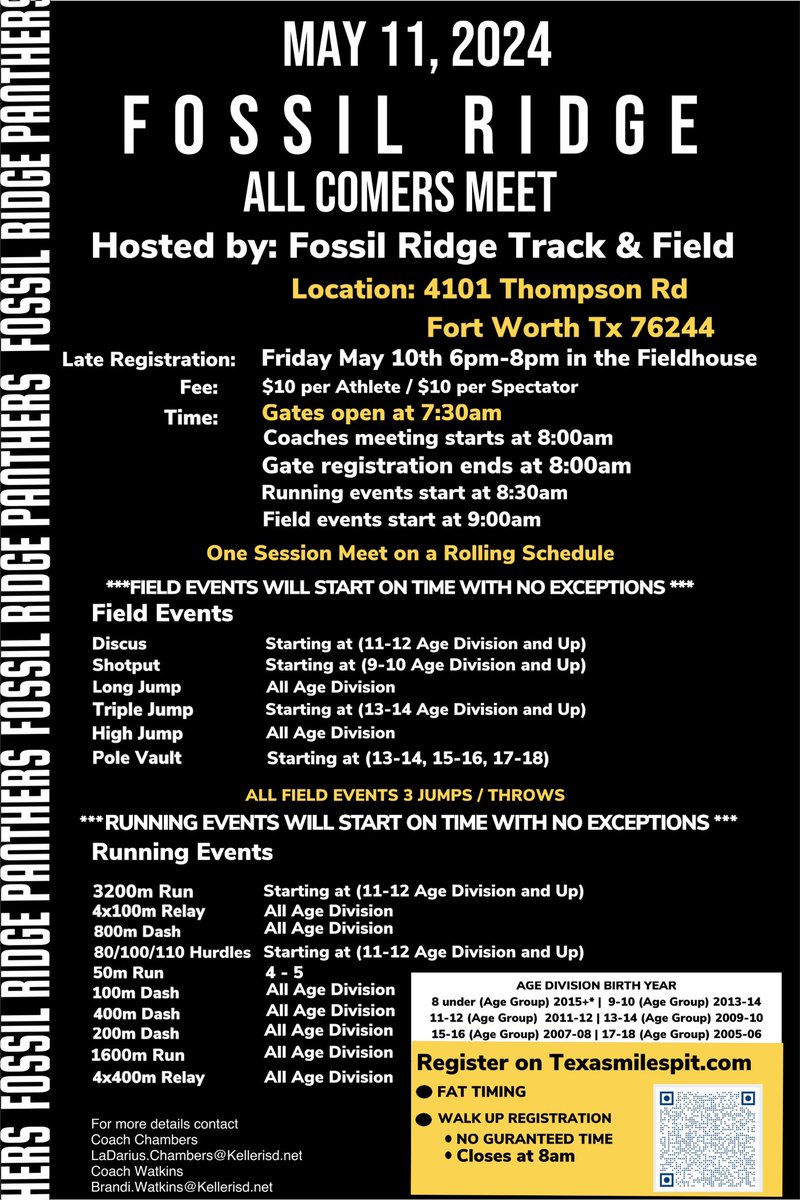 FOSSIL RIDGE ALL COMERS MEET REGISTRATION IS OPEN!!!! DATE: Saturday, May 11th, 2024 LATE REGISTRATION: Friday May 10th, 2024 5-7pm in the Fieldhouse REGISTRATION: tx.milesplit.com/meets/614910-f… - Registration will close on Friday May 10 at 7:00pm