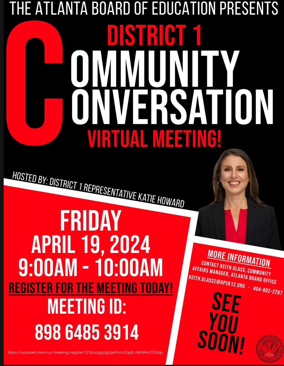 Join your District 1 Representative, Katie Howard for a virtual community meeting happening Friday, April 19, 2024, from 9:00am – 10:00am.  Register in advance for this meeting! us02web.zoom.us/meeting/regist…