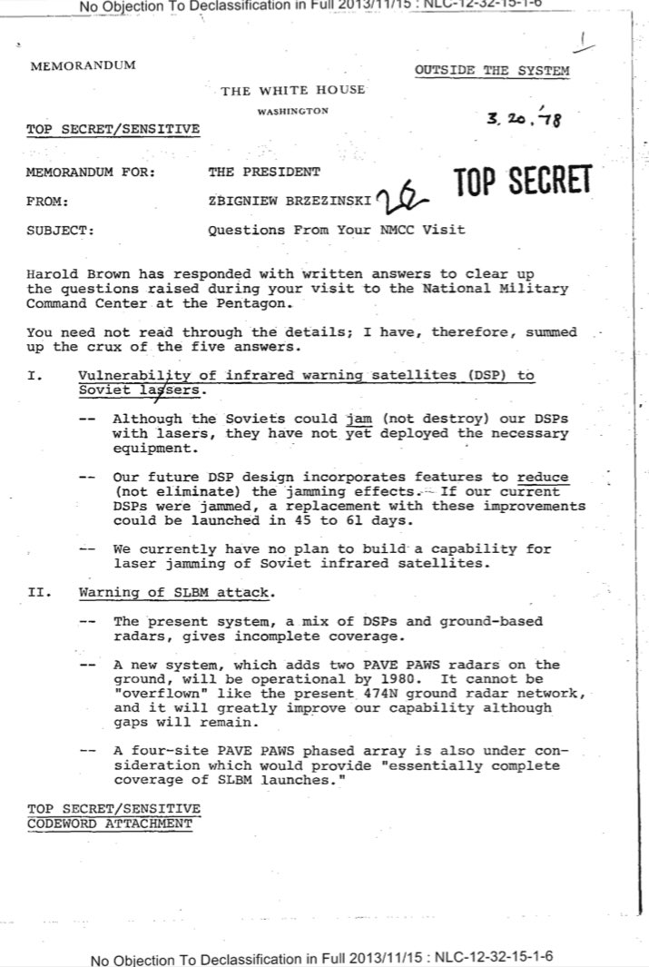Declassified 1978 memo for the president on the vulnerability of DSP early warning satellites to Soviet lasers
