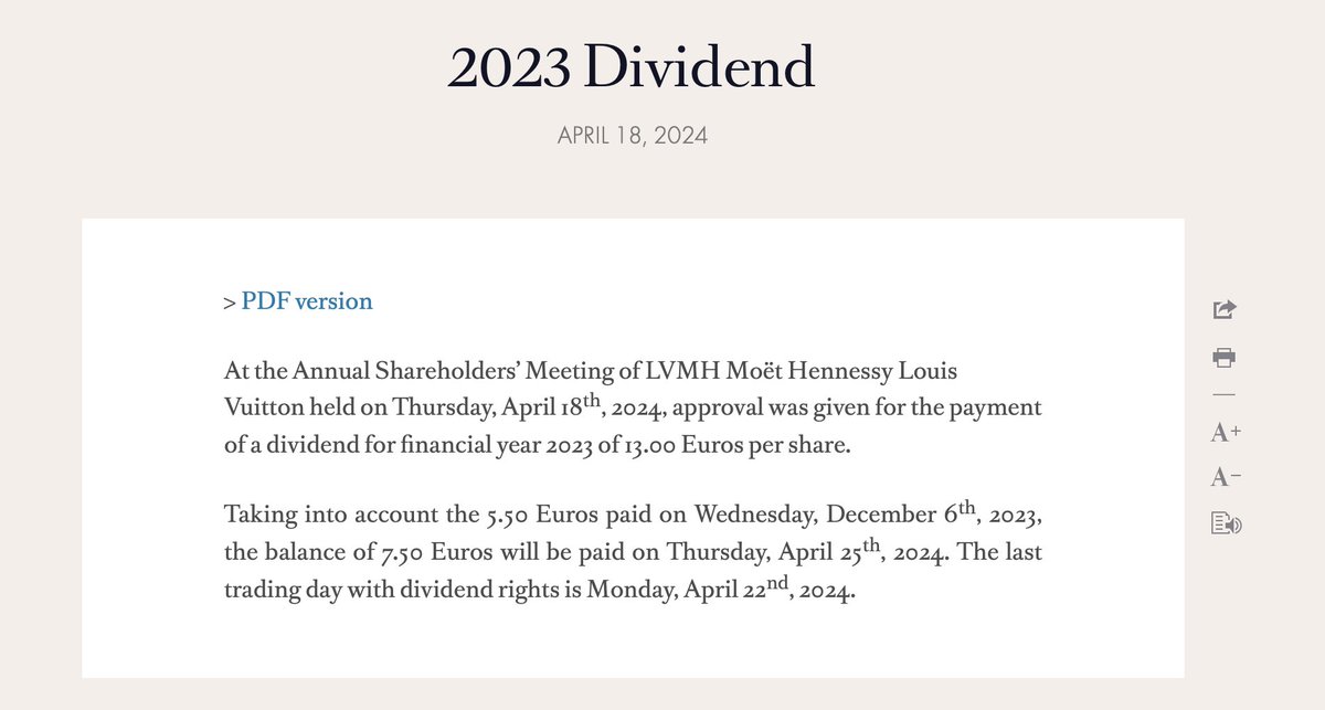 LVMH €13 dividend approved!

€7.50 to be paid next Thursday

$MC $LVMH $RMS