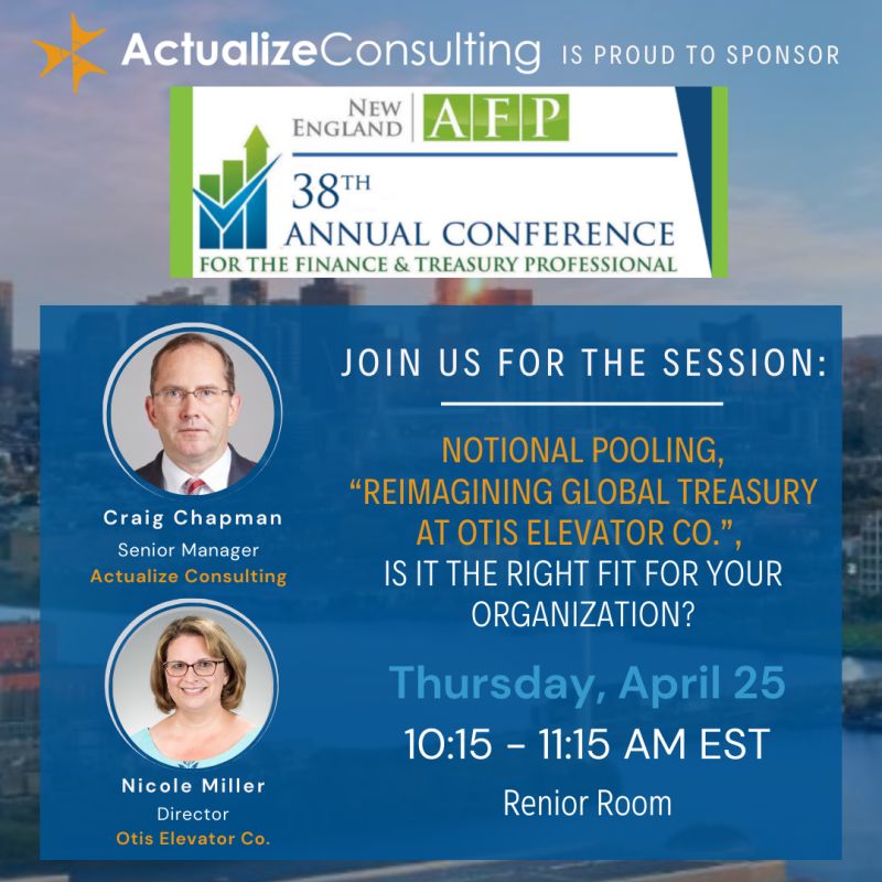 Tomorrow! Join @actualizellc and @OtiselevatorCo at @neafp for this session, Notional Pooling, Reimagining Global Treasury. Learn more at linkedin.com/posts/actualiz… #treasury #fintech