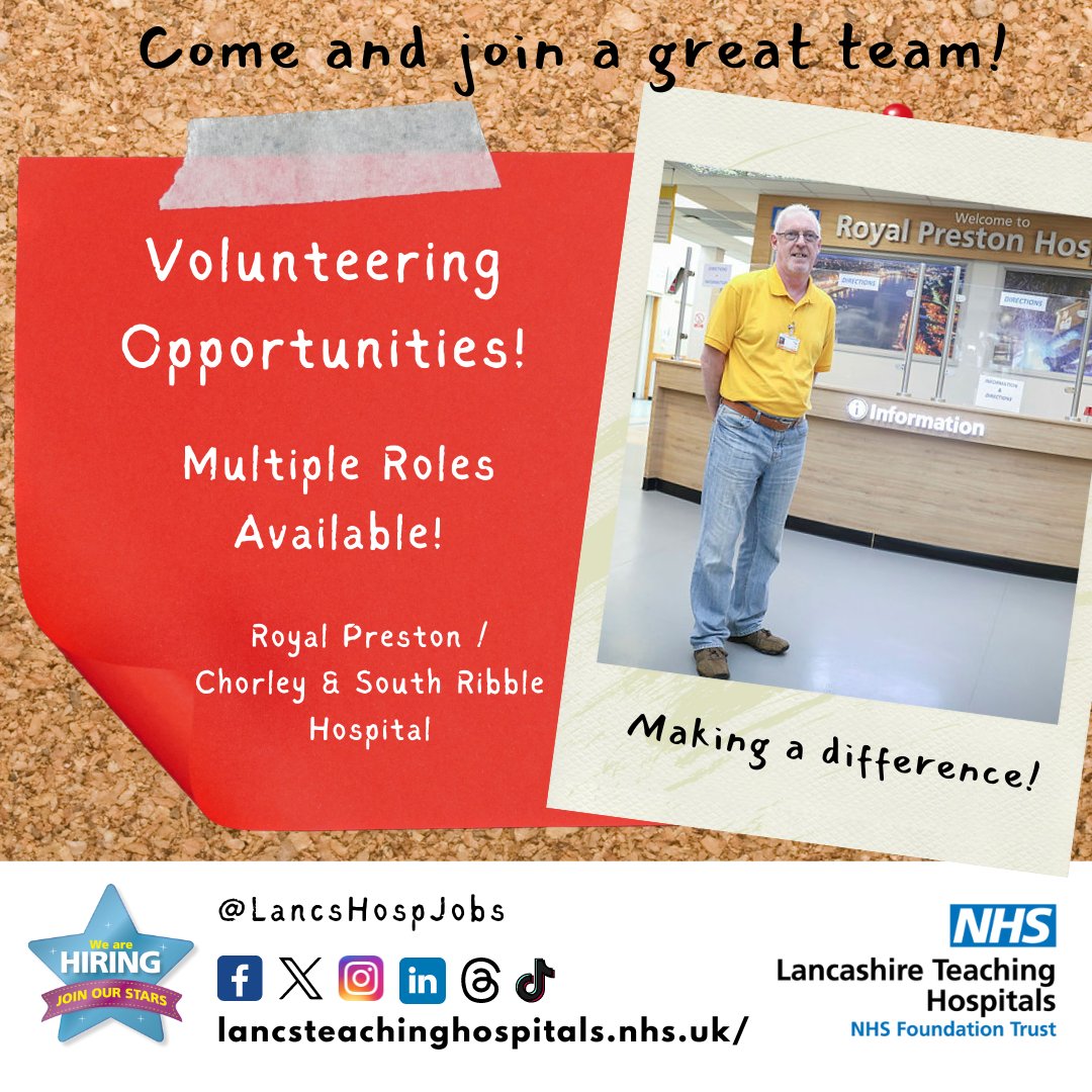 Wanting to give something back?💙 Interested in helping people?👍 You might like to know that we're recruiting volunteers across our hospitals! 🏥 We have a range of roles and you can find out which one suits you best, by visiting our website: lancsteachinghospitals.nhs.uk/join-our-workf…