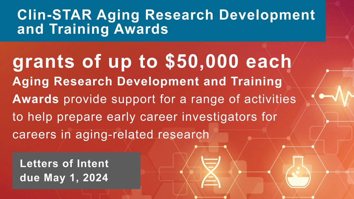 Upcoming Deadline: Clin-STAR Aging Research Development and Training Awards aim to prepare early career investigators for careers in aging-related research and stimulate new collaborations on clinically-relevant aging research projects. View the RFA here: bit.ly/49sUiOI